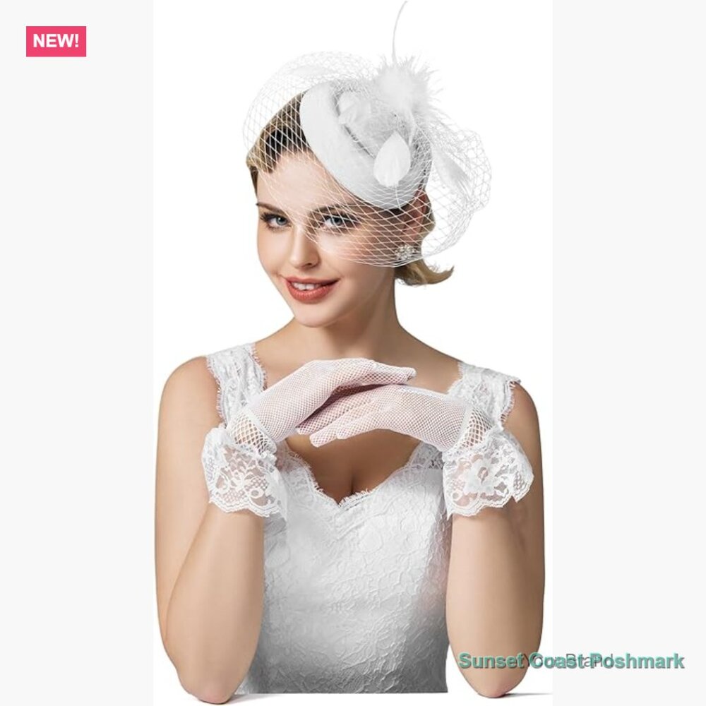 Fascinator Hat and Lace Gloves Set for Tea Party